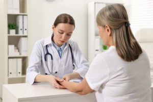 Image of arthritis symptoms with a female rheumatologist examining a female patient's wrist in a hospital.